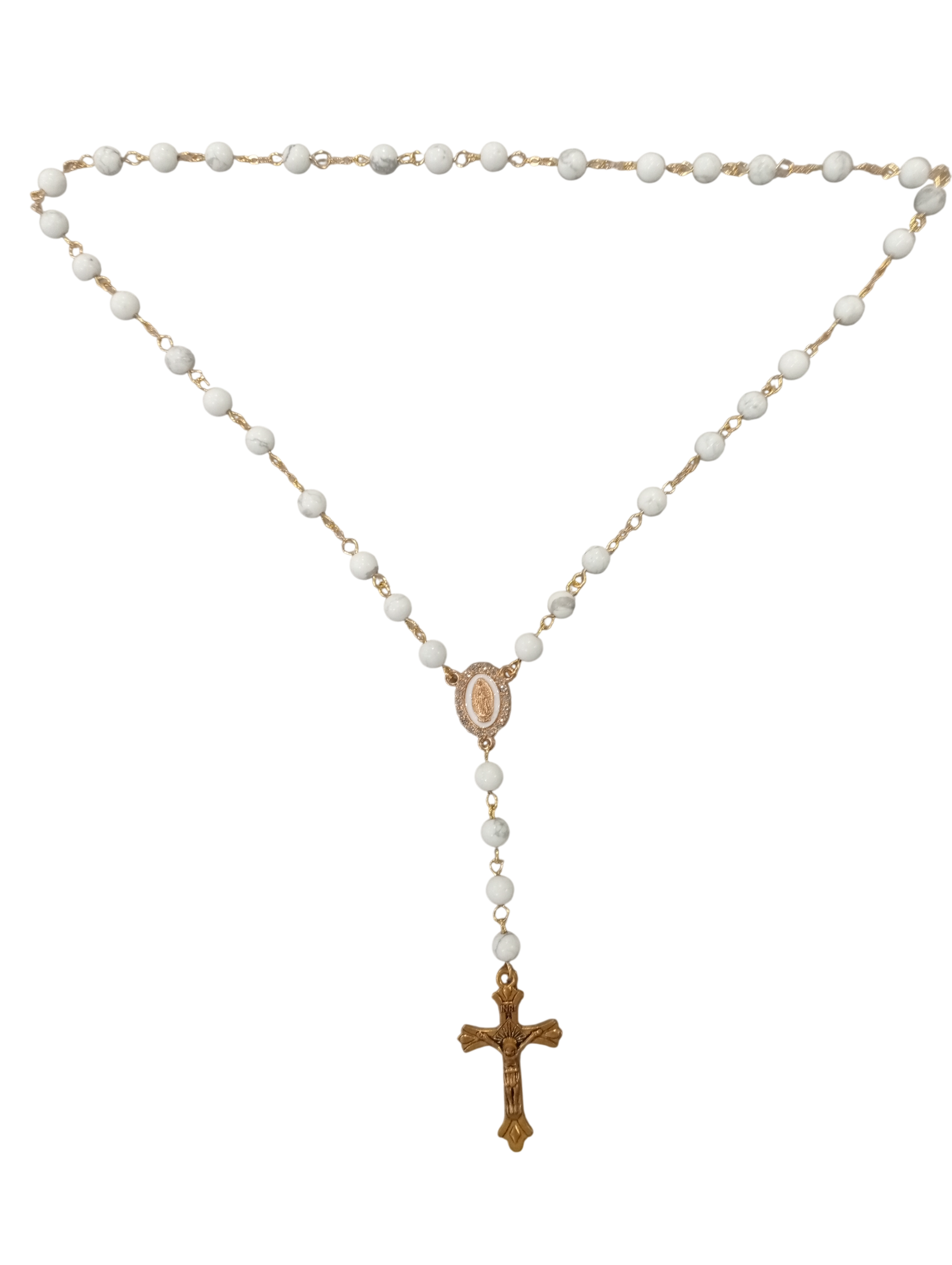 Chapelet St Michel archange fait-main en Howlite blanche version doré-  Pureté & Bravoure